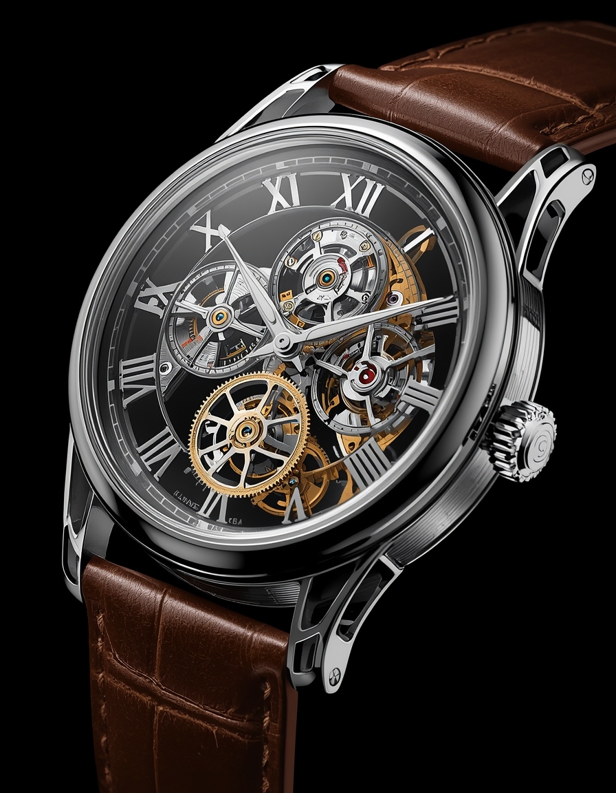 Skeleton watch showing intricate mechanical movement through transparent dial